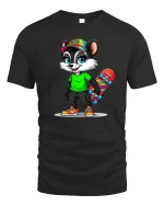 Cool Skater Raccoon With Colorful Skateboard Cartoon Graphic Tee - black t-shirt on white background