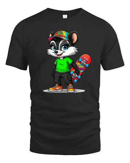Cool Skater Raccoon With Colorful Skateboard Cartoon Graphic Tee - black t-shirt on white background