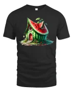 Whimsical Watermelon House Fantasy Cottage Illustration Graphic Tee - black t-shirt on white background