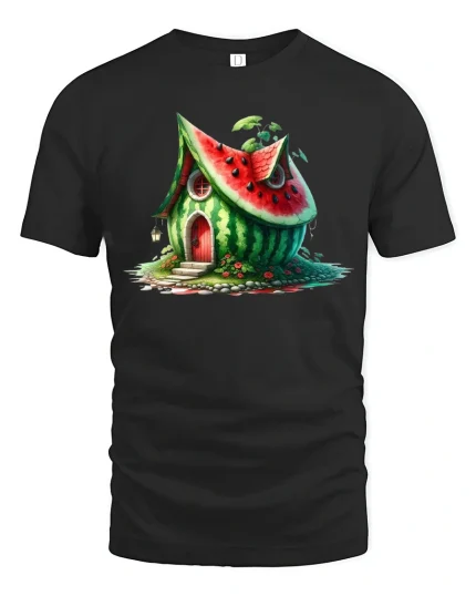 Whimsical Watermelon House Fantasy Cottage Illustration Graphic Tee - black t-shirt on white background