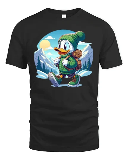 Cute Hiking Duck Adventure Illustration Outdoor Nature Graphic Tee - black t-shirt on white background