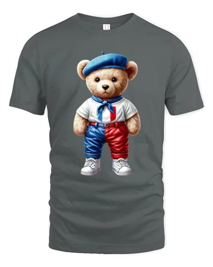 Cute French Teddy Bear Graphic Tee Paris Style Art - gray t-shirt on white background