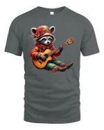 Cute Raccoon Playing Guitar Whimsical Folk Music Cartoon Tee - gray t-shirt on white background