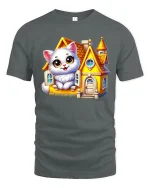 Cute White Cat Cozy Cottage Fairy Tale Cartoon Graphic Tee - gray t-shirt on white background