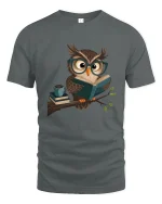 Cute Reading Owl With Glasses Book Lover Graphic Tee - gray t-shirt on white background