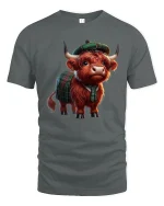 Cute Highland Cow Wearing Tartan Outfit Illustration Tee - gray t-shirt on white background