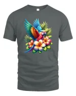 Colorful Tropical Parrot With Flowers Vibrant Art Tee - gray t-shirt on white background