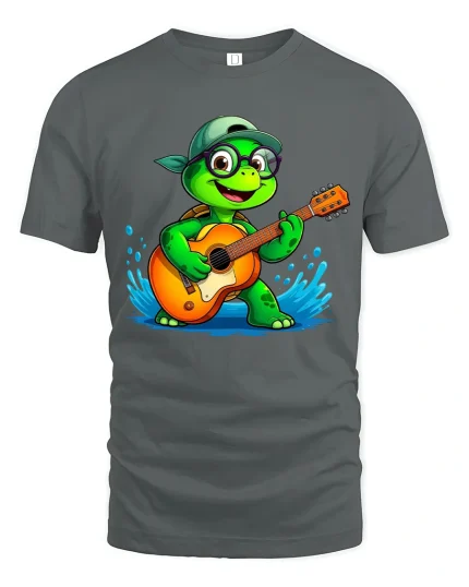 Cute Guitar Playing Turtle Cartoon Graphic Tee Music Fun - gray t-shirt on white background