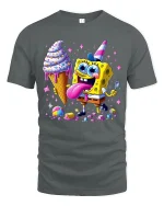 Funny Cartoon Sponge Ice Cream Party Graphic Tee Shirt - gray t-shirt on white background