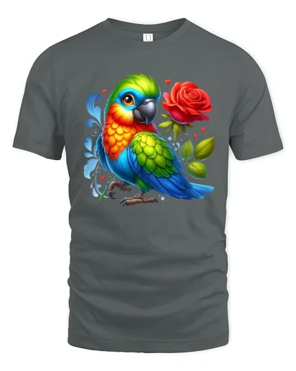 Colorful Parrot With Rose Cartoon Graphic Tee Bright Art - gray t-shirt on white background