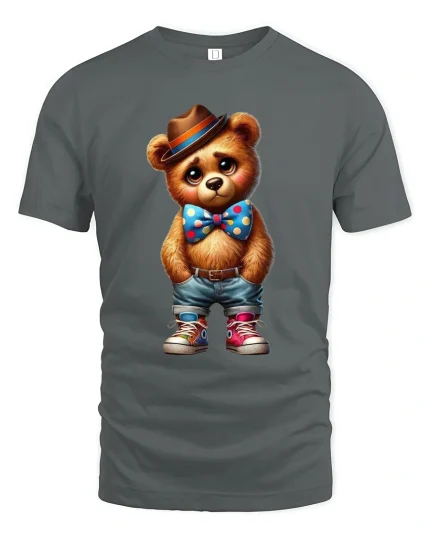 Cute Teddy Bear With Hat And Bow Tie Cartoon Graphic Tee - gray t-shirt on white background
