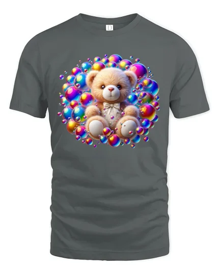 Cute Teddy Bear Surrounded By Colorful Bubble Art Graphic Tee - gray t-shirt on white background