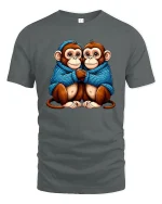 Cute Twin Monkeys Hugging In Cozy Blue Sweater Graphic Tee - gray t-shirt on white background
