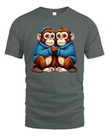 Cute Twin Monkeys Hugging In Cozy Blue Sweater Graphic Tee - gray t-shirt on white background