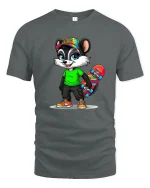 Cool Skater Raccoon With Colorful Skateboard Cartoon Graphic Tee - gray t-shirt on white background