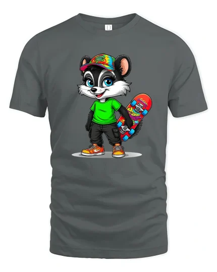 Cool Skater Raccoon With Colorful Skateboard Cartoon Graphic Tee - gray t-shirt on white background