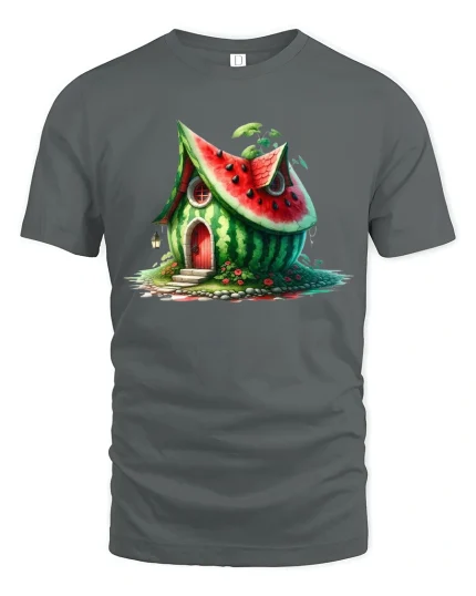 Whimsical Watermelon House Fantasy Cottage Illustration Graphic Tee - gray t-shirt on white background