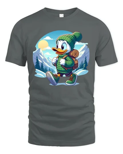 Cute Hiking Duck Adventure Illustration Outdoor Nature Graphic Tee - gray t-shirt on white background