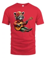 Cute Raccoon Playing Guitar Whimsical Folk Music Cartoon Tee - red t-shirt on white background