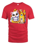 Cute White Cat Cozy Cottage Fairy Tale Cartoon Graphic Tee - red t-shirt on white background
