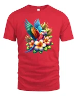 Colorful Tropical Parrot With Flowers Vibrant Art Tee - red t-shirt on white background