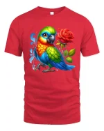 Colorful Parrot With Rose Cartoon Graphic Tee Bright Art - red t-shirt on white background