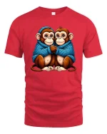 Cute Twin Monkeys Hugging In Cozy Blue Sweater Graphic Tee - red t-shirt on white background