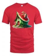 Whimsical Watermelon House Fantasy Cottage Illustration Graphic Tee - red t-shirt on white background