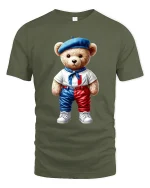 Cute French Teddy Bear Graphic Tee Paris Style Art - military green t-shirt on white background