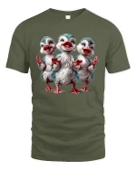 Funny Singing Duck Trio Cartoon Illustration Cute Graphic Tee - military green t-shirt on white background