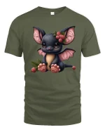 Cute Baby Bat With Berries Adorable Cartoon Illustration Tee - military green t-shirt on white background