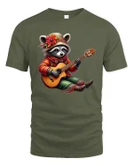 Cute Raccoon Playing Guitar Whimsical Folk Music Cartoon Tee - military green t-shirt on white background