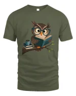 Cute Reading Owl With Glasses Book Lover Graphic Tee - military green t-shirt on white background