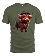 Cute Highland Cow Wearing Tartan Outfit Illustration Tee - military green t-shirt on white background