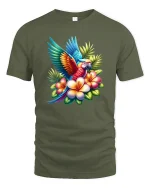 Colorful Tropical Parrot With Flowers Vibrant Art Tee - military green t-shirt on white background