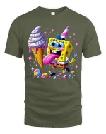 Funny Cartoon Sponge Ice Cream Party Graphic Tee Shirt - military green t-shirt on white background