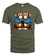 Cute Twin Monkeys Hugging In Cozy Blue Sweater Graphic Tee - military green t-shirt on white background