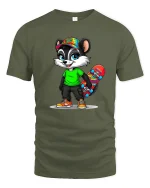 Cool Skater Raccoon With Colorful Skateboard Cartoon Graphic Tee - military green t-shirt on white background