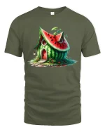 Whimsical Watermelon House Fantasy Cottage Illustration Graphic Tee - military green t-shirt on white background