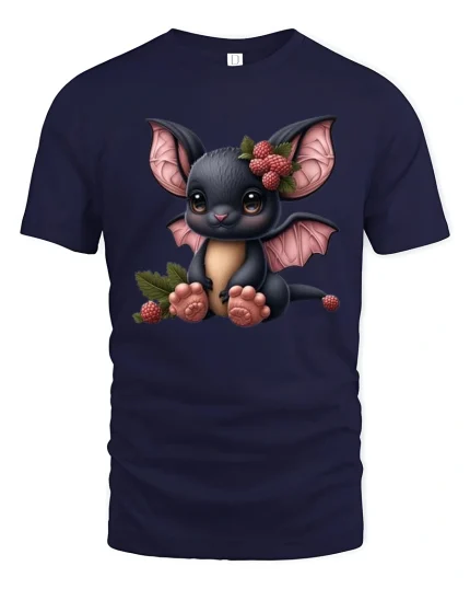 Cute Baby Bat With Berries Adorable Cartoon Illustration Tee - navy t-shirt on white background