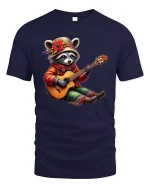 Cute Raccoon Playing Guitar Whimsical Folk Music Cartoon Tee - navy t-shirt on white background