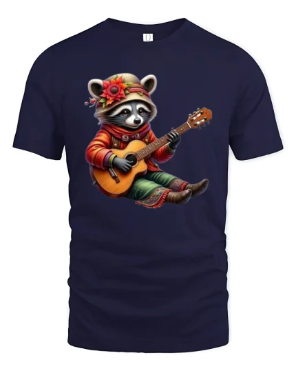 Cute Raccoon Playing Guitar Whimsical Folk Music Cartoon Tee - navy t-shirt on white background