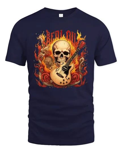 Be Loud Flaming Skull Guitar Heavy Rock Music Graphic Tee - navy t-shirt on white background
