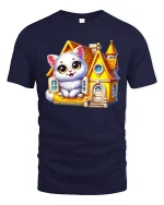Cute White Cat Cozy Cottage Fairy Tale Cartoon Graphic Tee - navy t-shirt on white background