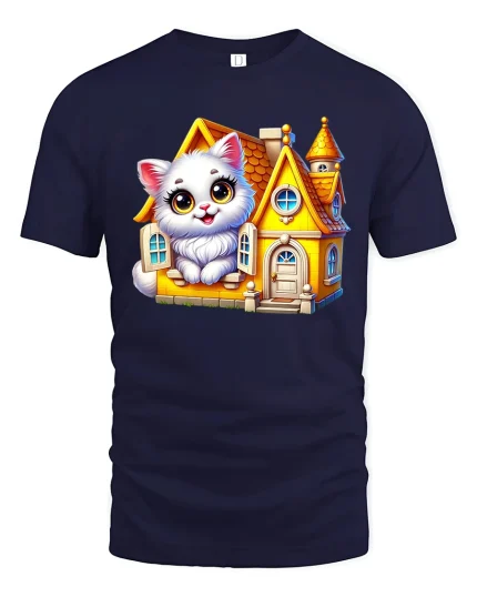 Cute White Cat Cozy Cottage Fairy Tale Cartoon Graphic Tee - navy t-shirt on white background