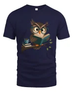 Cute Reading Owl With Glasses Book Lover Graphic Tee - navy t-shirt on white background