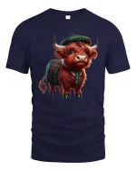 Cute Highland Cow Wearing Tartan Outfit Illustration Tee - navy t-shirt on white background
