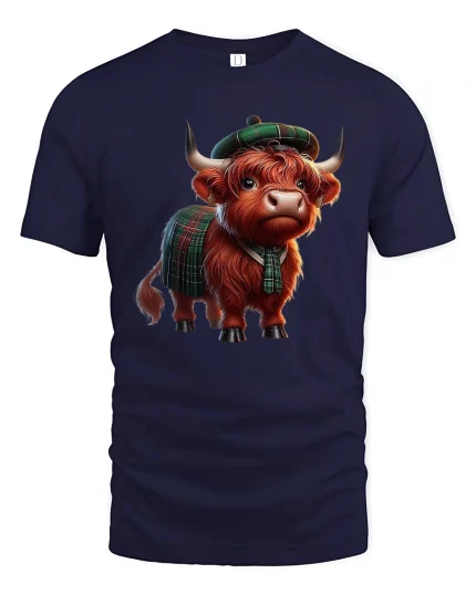 Cute Highland Cow Wearing Tartan Outfit Illustration Tee - navy t-shirt on white background