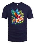 Colorful Tropical Parrot With Flowers Vibrant Art Tee - navy t-shirt on white background