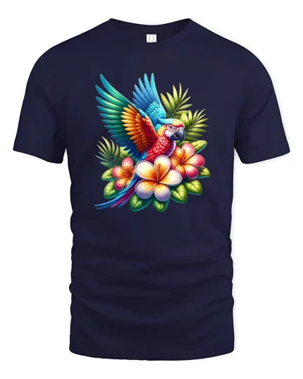 Colorful Tropical Parrot With Flowers Vibrant Art Tee - navy t-shirt on white background